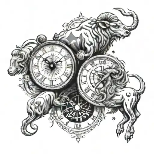 two clocks with Leo and Aries constellation intertwined tattoo design idea