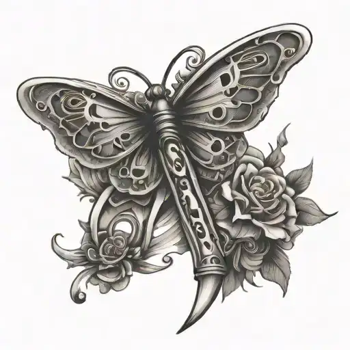 Butterfly knife in the stomach (butterflies in the stomach) tattoo design idea