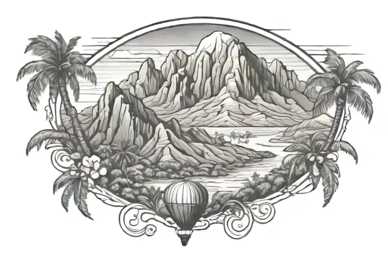 sawtooth mountain ranges, napali coast, camelback mountain in Phoenix,, palm trees hot air balloon, river tattoo design idea