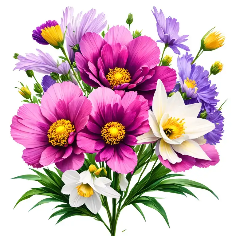 purple carnation pink cosmos white daffodil flowers tattoo design idea
