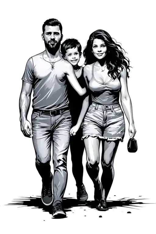 dad mum and son walking tattoo design idea