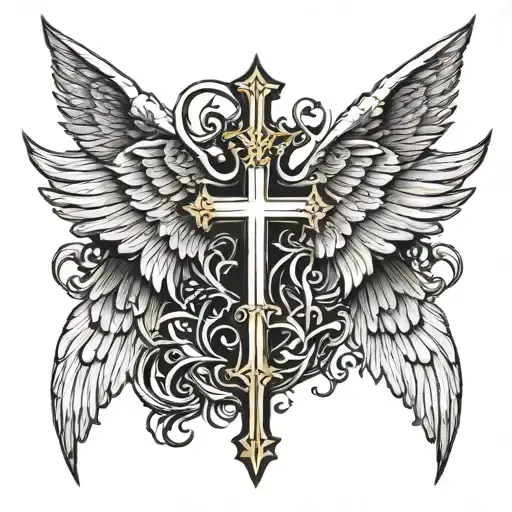 cross with one angel wing other devil wing  tattoo design idea