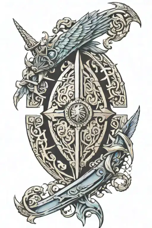 athena's shield and maximus's sword surrounded tattoo design idea
