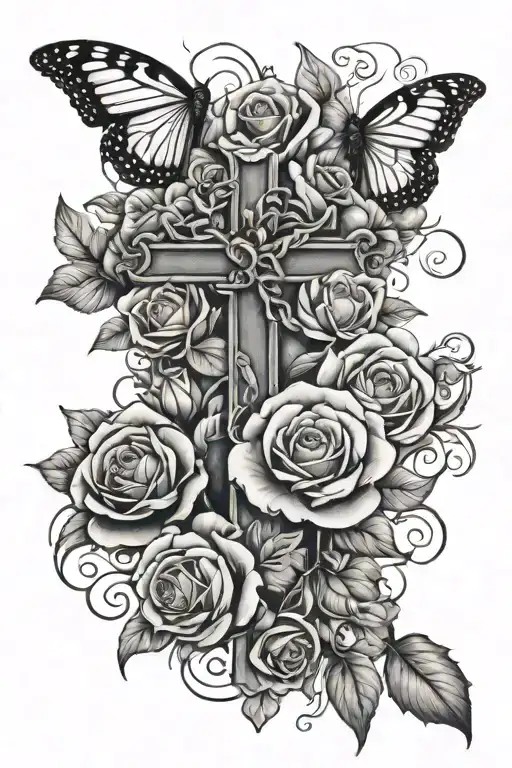 cross , roses , butterflies tattoo design idea