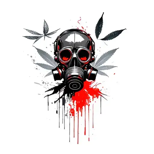 composition A robot skull with a gas mask,in the background a marijuana leaf, and a moth,hexagonal grid tattoo design idea