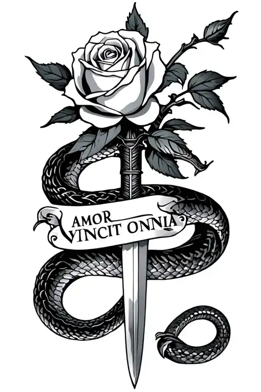 rose with stem with sword that says amor vincit omnia going through it with a snake wrapped around it  tattoo design idea