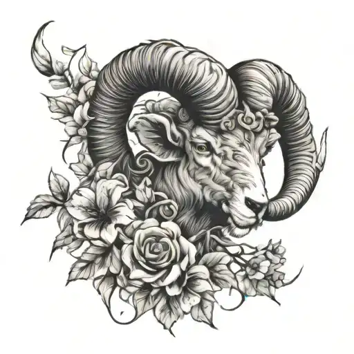 aries ram head with honeysuckle flowers tattoo design idea
