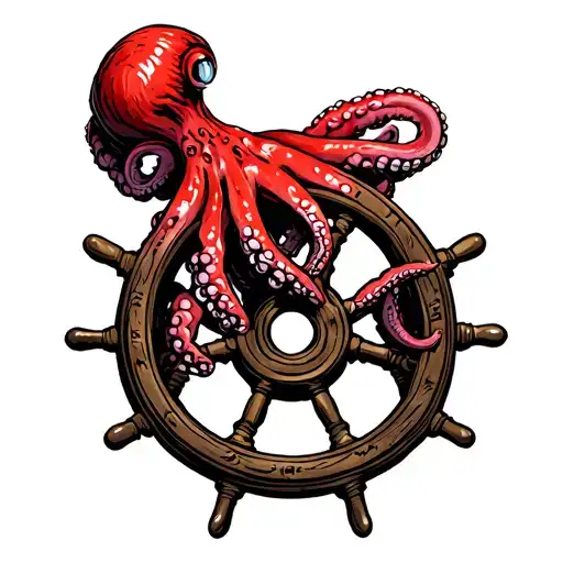 red octopus holding a sunken ships wheel tattoo design idea