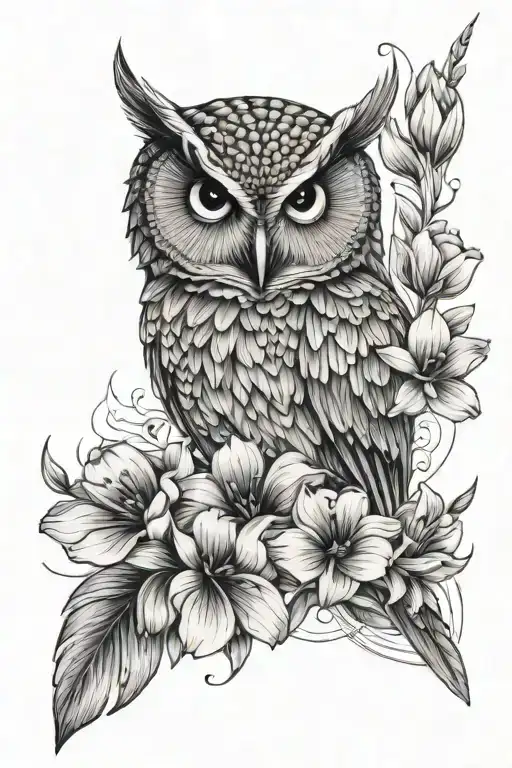 Minimalist owl with cosmo flower and gladiolus flower  tattoo design idea