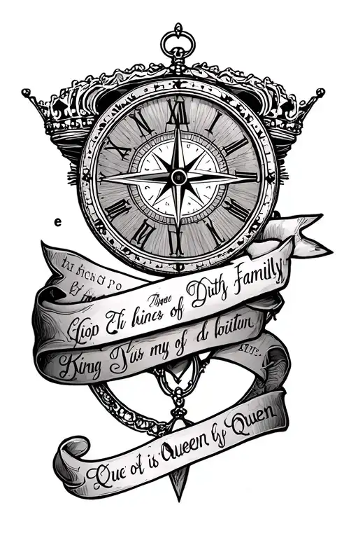 left forearm sleeve: compass with a message about family, stop watch or clock with my birth time, King and Queen of di tattoo design idea