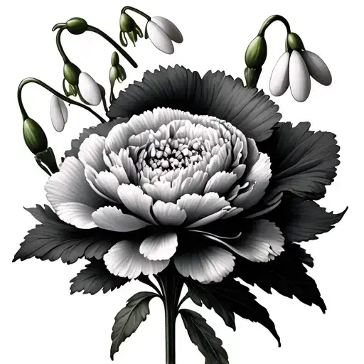 a carnation flower half sleeve with snowdrops. i want this to be a cluster of flowers. i just want the carnations to be  tattoo design idea