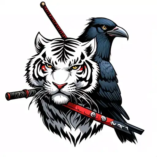 tiger,crow and katana japanese tattoo design idea