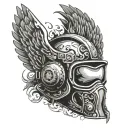 welding helmet engulfed in flames with wings spread wide tattoo design idea