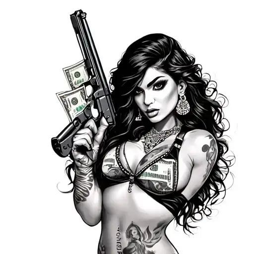 Chicano gangster girl with money and guns in sexy pose tattoo design idea