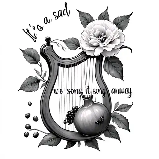 A lyre with a carnation and a pomegranate with 6 seeds separate and the quote “It’s a sad song, but we sing it anyway” tattoo design idea