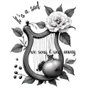 A lyre with a carnation and a pomegranate with 6 seeds separate and the quote “It’s a sad song, but we sing it anyway” tattoo design idea