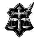 Minimalistic Patch work style latin budded cross scale of justice with knife and bible in the scale  tattoo design idea