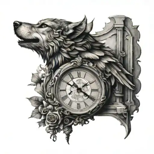 A Roman clock with my dads Roman numerals blended, as well as a father figure blended in with a wolf and owl tattoo design idea