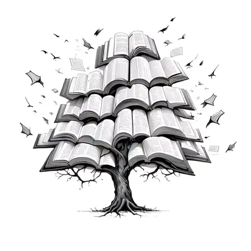 Hand-drawn tree with a complex canopy made of open books, and random inscriptions flying out from those books tattoo design idea