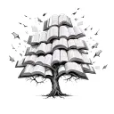 Hand-drawn tree with a complex canopy made of open books, and random inscriptions flying out from those books tattoo design idea
