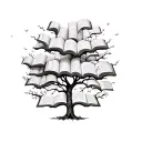 Hand-drawn tree with a complex canopy made of open books, and random inscriptions flying out from those books tattoo design idea