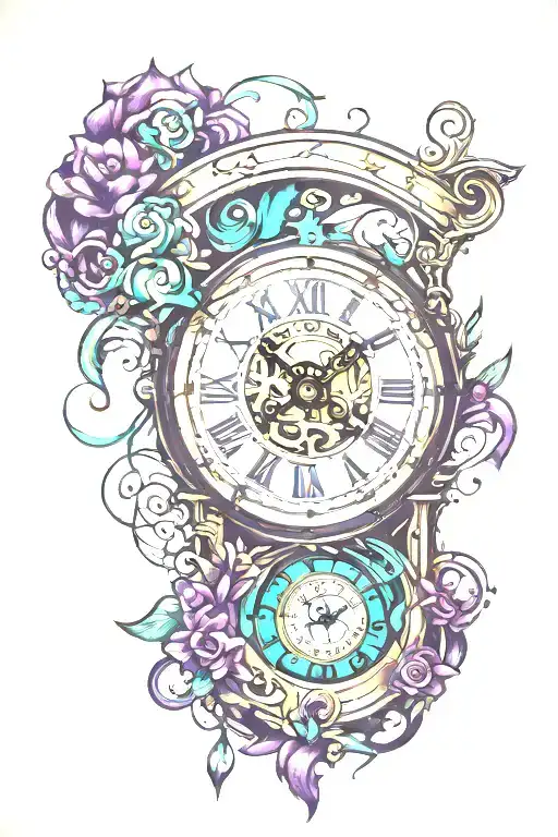 broken clock, purple and teal, merigolds  tattoo design idea