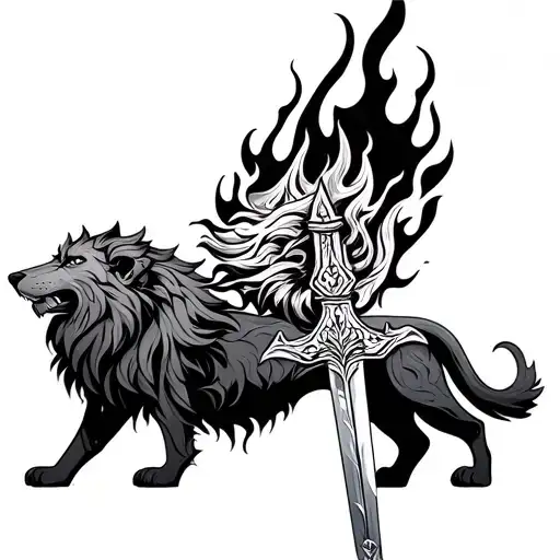 half lion and wolf with sword background mandala with fire  tattoo design idea