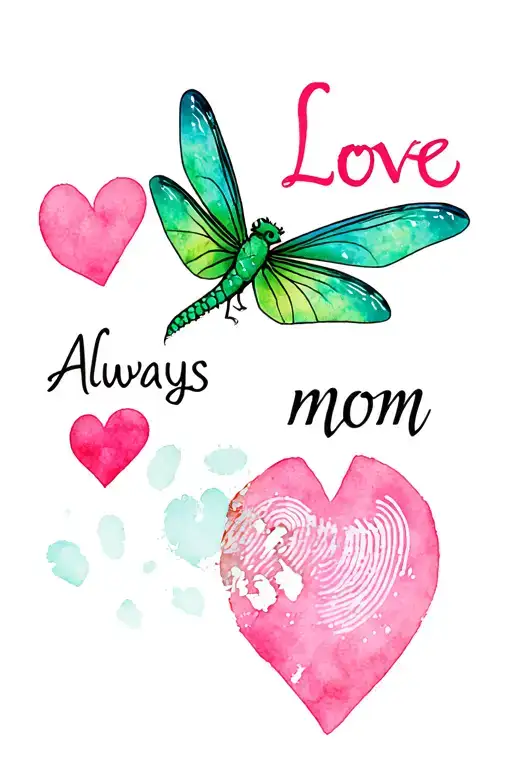 "Love always mom" coheed dragon fly with green accents and 2 children finger print hearts  tattoo design idea