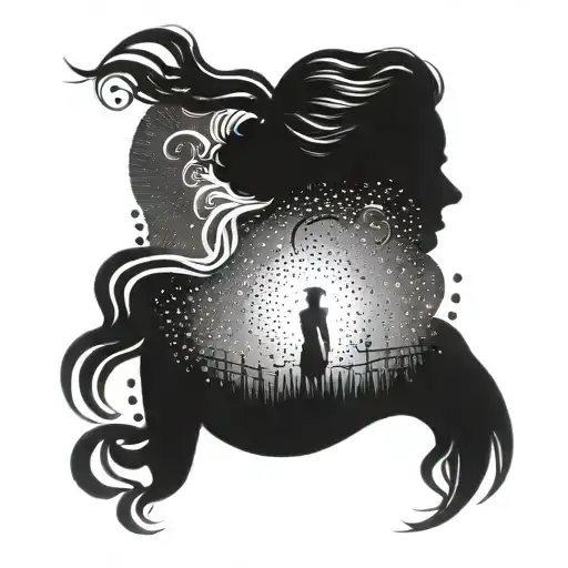 female silhouette surrounded by sunbeams tattoo design idea