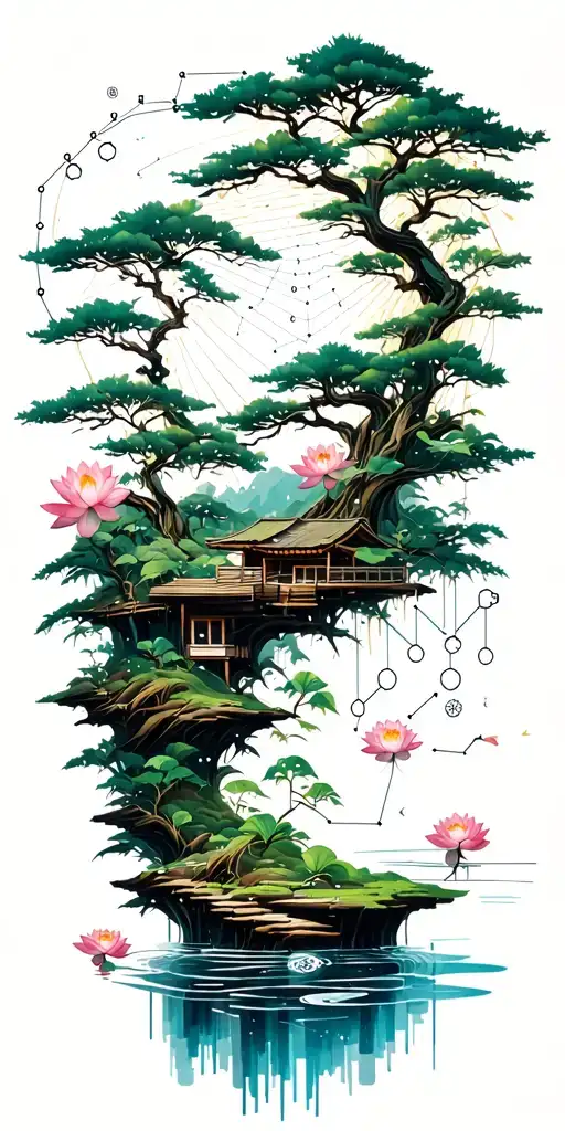 random constellation over layered Japanese landscape of trees,water,bamboo,scattered lotuses,and wood mechanical gears. tattoo design idea