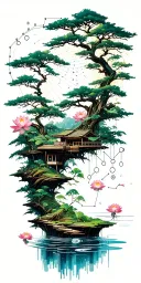random constellation over layered Japanese landscape of trees,water,bamboo,scattered lotuses,and wood mechanical gears. tattoo design idea