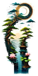 random constellation over layered Japanese landscape of trees,water,bamboo,scattered lotuses,and wood mechanical gears. tattoo design idea