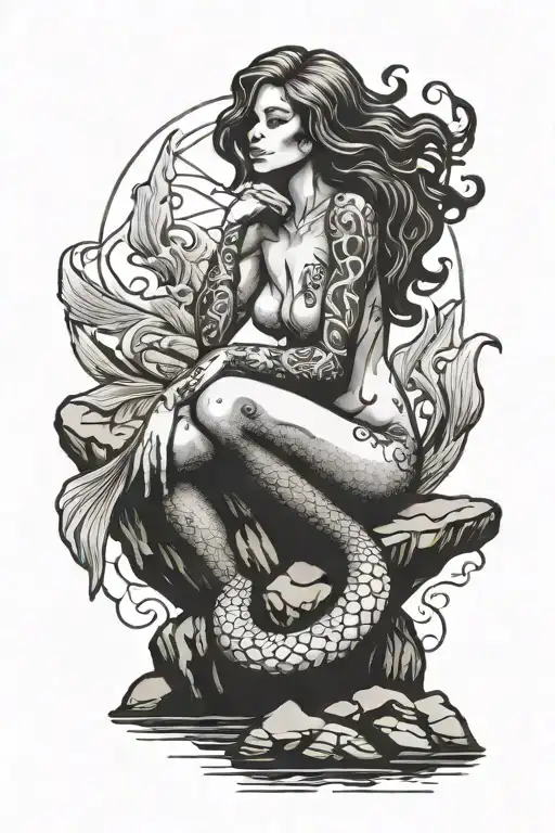 nude mermaid sitting on rock with hands in hair tattoo design idea