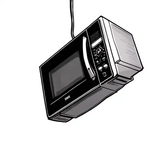 a microwave hanging sideways from the ceiling by its wire  tattoo design idea