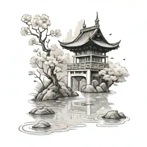 Japanese pond with temple and cherry blossom tree with floating blossoms in the air tattoo design idea