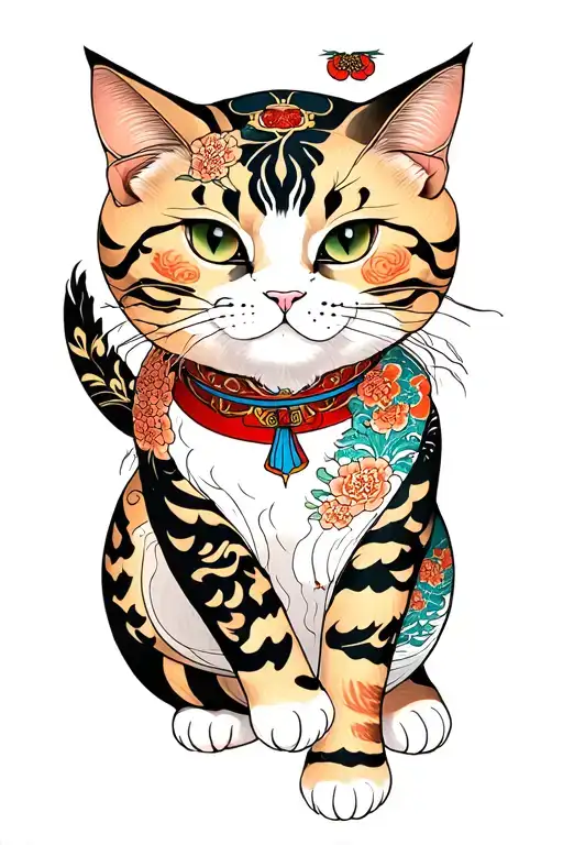 full Monmon Cat tattoo sleeve for a left arm, Japanese Irezumi style  tattoo design idea