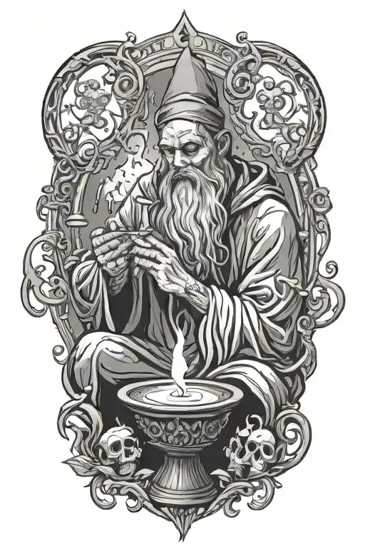 Hermit performing a ritual, candles, long beard, black eyes tattoo design idea