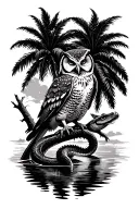 owl perched on a branch of a palm tree, alligator fighting a snake in the water underneath the tree tattoo design idea