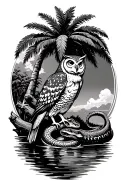 owl perched on a branch of a palm tree, alligator fighting a snake in the water underneath the tree tattoo design idea