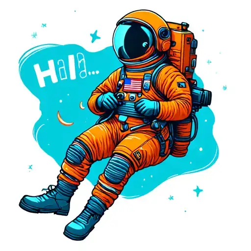 astronaut floating low detail no background saying hi and open legs. Orange dress  tattoo design idea