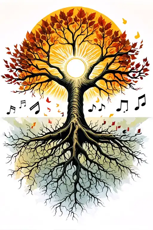 sun shining, tree of life with veins for roots. leaves and musical notes flying  tattoo design idea