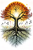 sun shining, tree of life with veins for roots. leaves and musical notes flying  tattoo design idea