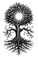 sun shining, tree of life with veins for roots. leaves and musical notes flying  tattoo design idea