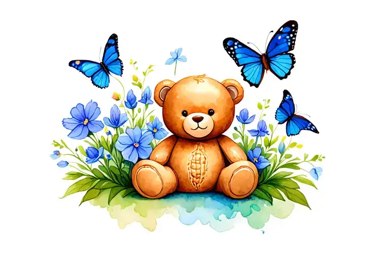 A small cartoon peanut shell sitting next to a teddy bear surrounded by sweet pea flowers and blue butterflies  tattoo design idea