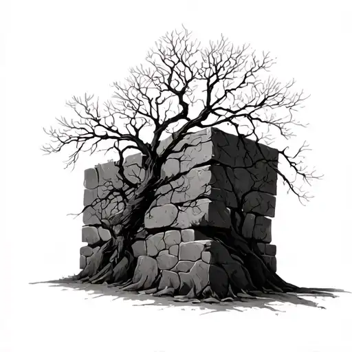 A dry tree, without leaves, l with a block of the average discord of its branches also engraved tattoo design idea