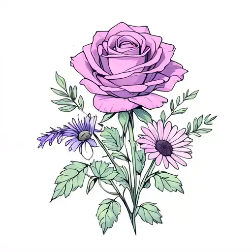 birth flower bouquet with a rose a daisy and a violet tattoo design idea