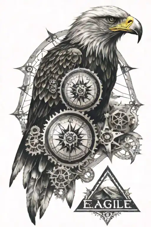 eagle, compass with mom and family written on it, eye in a triangle with gears tattoo design idea