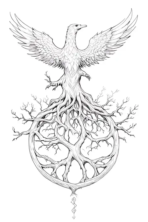 tree of life intertwined with rising phoenix rising tattoo design idea