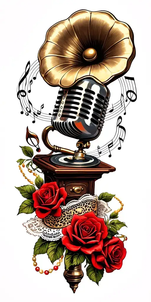 Vintage microphone and a gramophone record player with music notes, red roses, lace, and beads intertwined throughout.   tattoo design idea