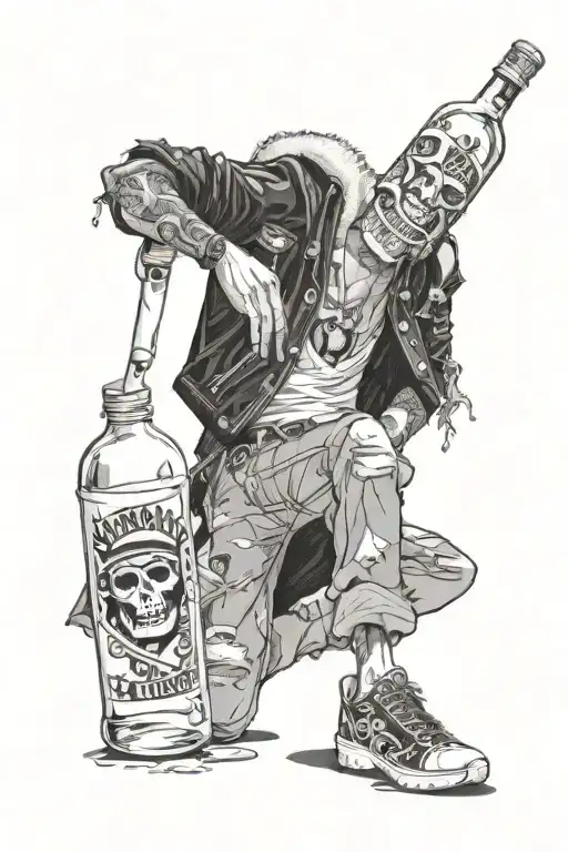 trafalgar law one piece anime drinking alcohol looking down at bottle tattoo design idea